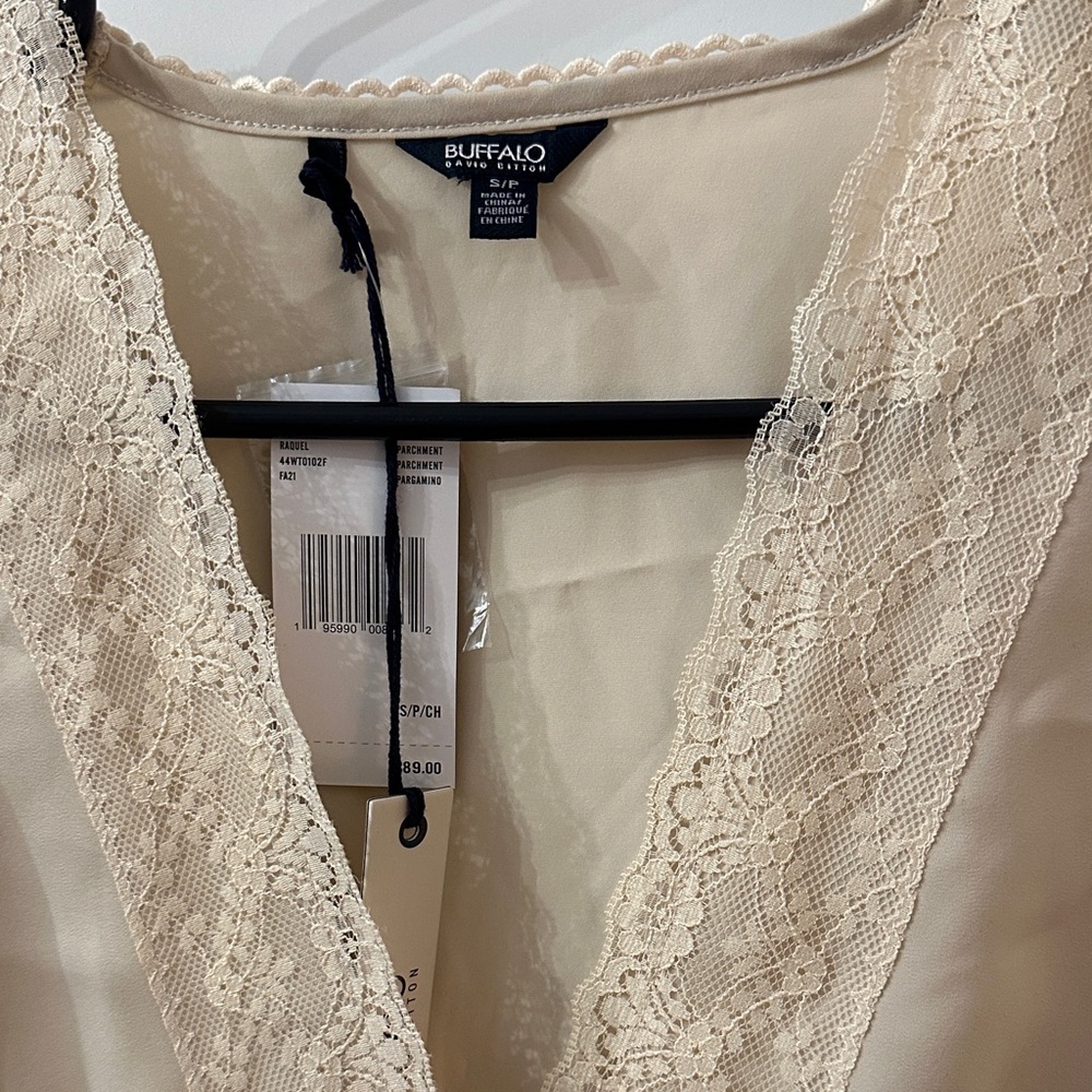 Buffalo David Bitton Cream Satin Blouse with Lace Detail - Picture 2 of 4